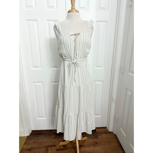 Z Supply Womens White Tan Sleeveless Cotton La Brisa Dobby Stripe Dress Medium - Picture 1 of 5